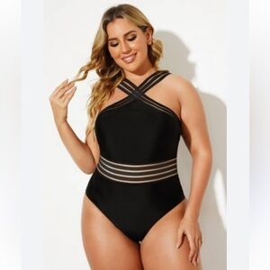 Meet.Curve Size XL Black Criss Cross Strapped One Piece Swimsuit